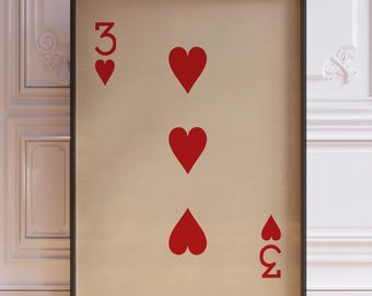 Three Of Hearts Poster Print - Vintage Playing Cards Wall Art Print, Red Card Deck Print, Number Three Wall Decor | PRINTED