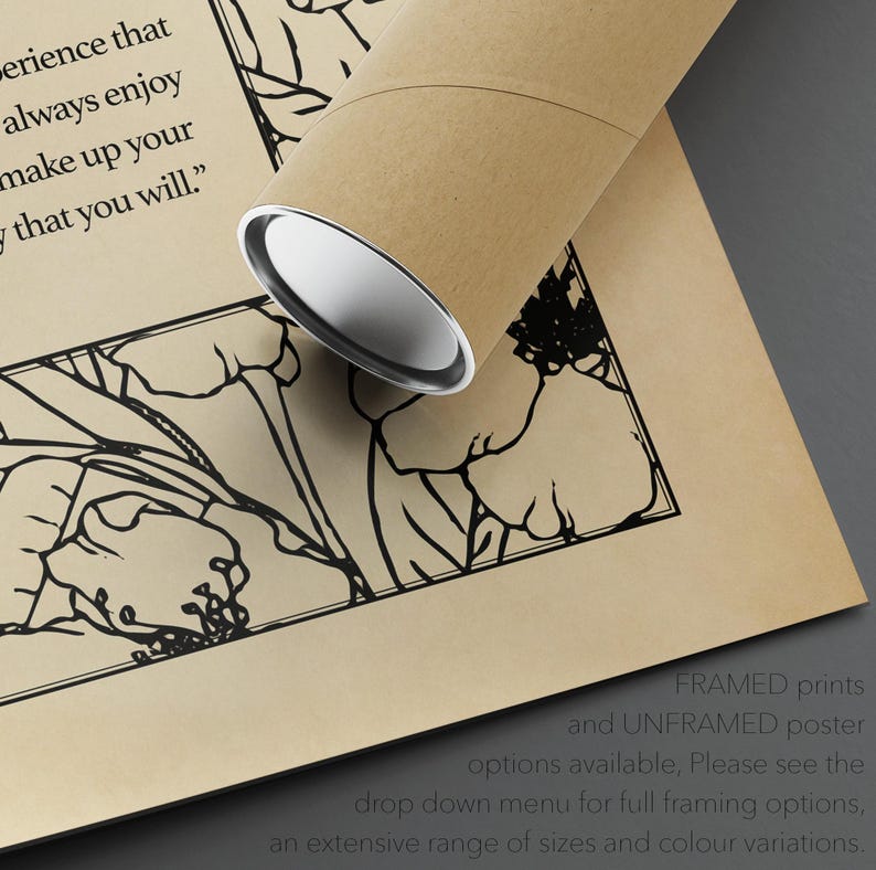 Poster close-up showing serif text and aged background texture with botanical graphics