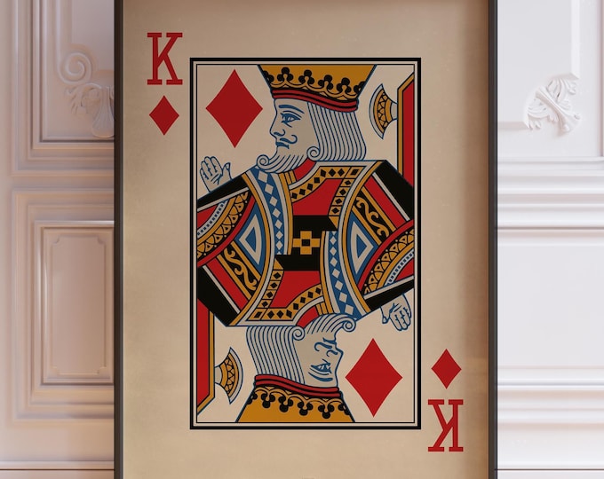 King Of Diamonds Poster Print, King Wall Decor, Vintage Playing Cards Wall Art Print, Red Card Deck Print | PRINTED