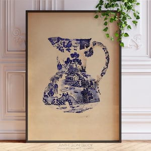 Vintage Blue and White Watercolour Print Willow Pattern Tea Caddy Poster | Decorative Tea Room Wall Decor Art Ideas | PRINTED AND SHIPPED