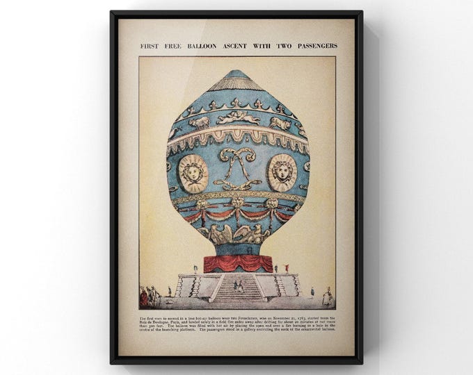 Blue Victorian Hot Air Balloon Print - First Ascent with Two Passengers, Framed or Unframed