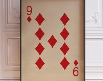 Nine Of Diamonds Poster Print, Nine Diamonds Wall Decor, Vintage Playing Cards Wall Art Print, Red Card Deck Print | PRINTED