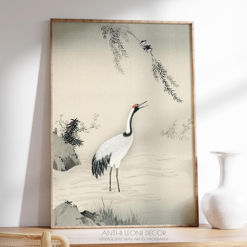 Japanese Crane Woodblock Illustration. Inspired by traditional Japanese art, this detailed reproduction captures the elegance of the crane—symbol of longevity and good fortune—making it a meaningful and eye-catching addition to any interior.
