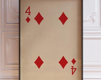 Four Of Diamonds Poster Print, Four Diamonds Wall Decor, Vintage Playing Cards Wall Art Print, Red Card Deck Print | PRINTED