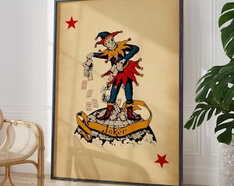 Antique Joker Card Art Print - Rustic Games Room Decor
