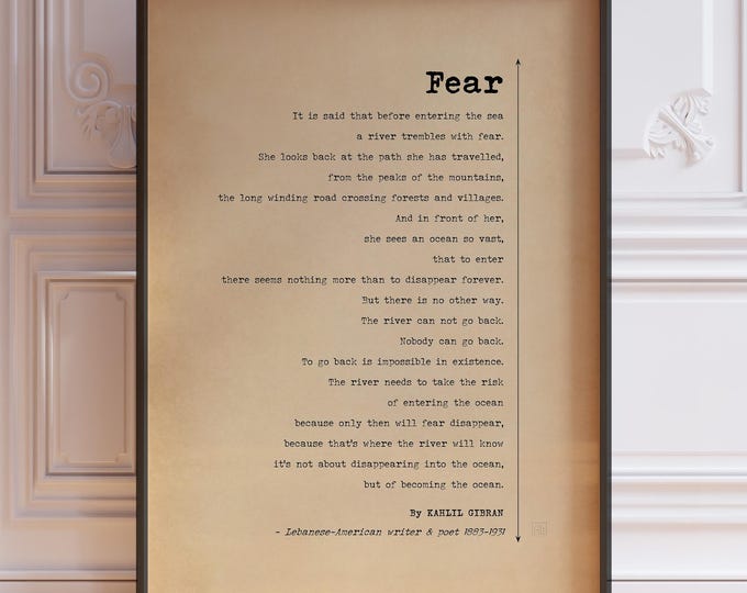 Fear Poem Print by Kahlil Gibran - Inspirational Poetry Poster, Courage Quote Wall Art Gift, Printed, Framed or Unframed