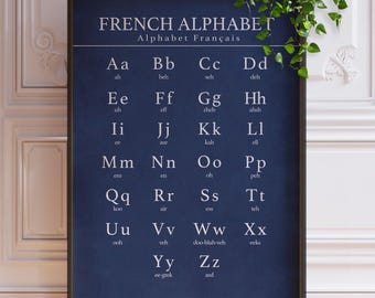 French Language Alphabet Poster - Blue Minimalist Design, Framed or Unframed