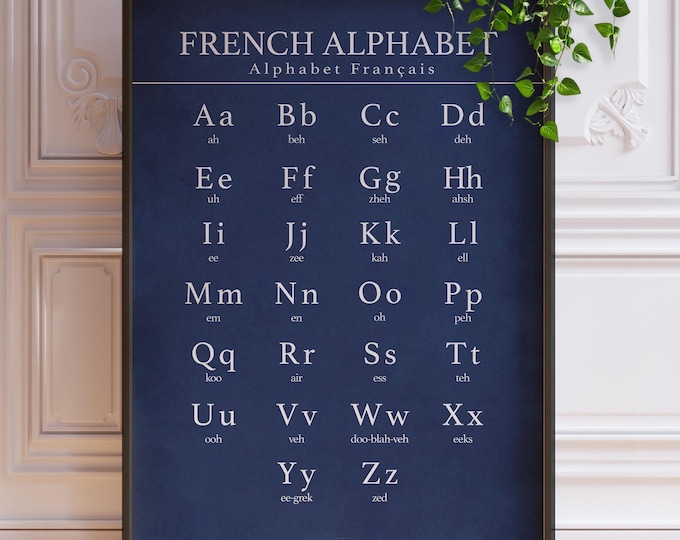 French Language Alphabet Poster - Blue Minimalist Design, Framed or Unframed