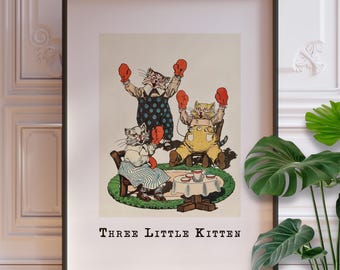 Three Little Kittens Nursery Rhyme Print  - Vintage Baby Room Decor, Framed or Unframed