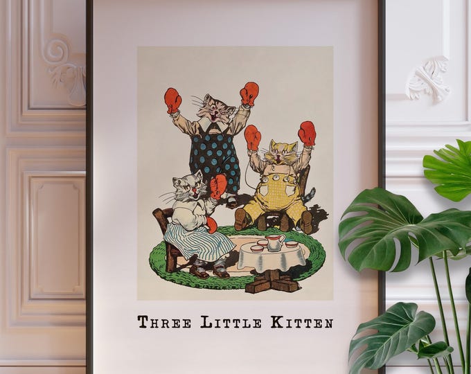 Three Little Kittens Nursery Rhyme Print  - Vintage Baby Room Decor, Vintage Book Page Wall Art, Framed or Unframed