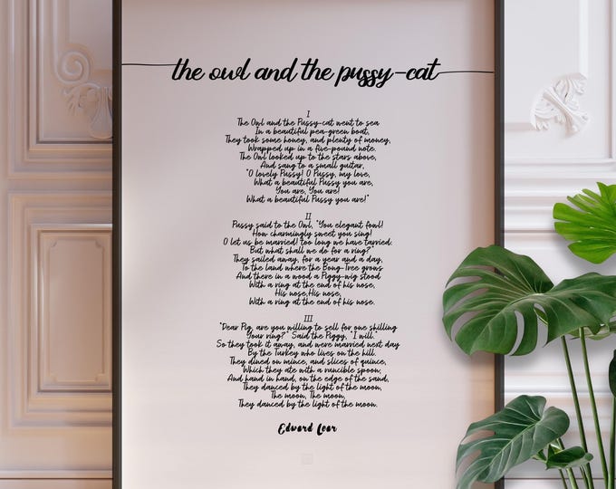 Decorative Nursery Rhyme Wall Art - The Owl and the Pussycat Black Script Print, Framed or Unframed