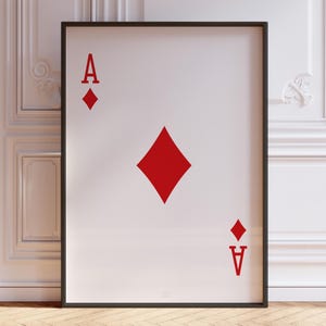 Póster impreso de mano de póquer de as de diamantes, naipes con palo de diamantes rojos, arte de pared impreso / IMPRESO