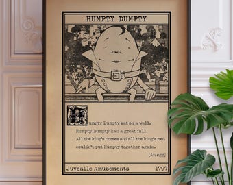 Humpty Dumpty Nursery Rhyme Print, Vintage Nursery Decor, Framed or Unframed Wall Art