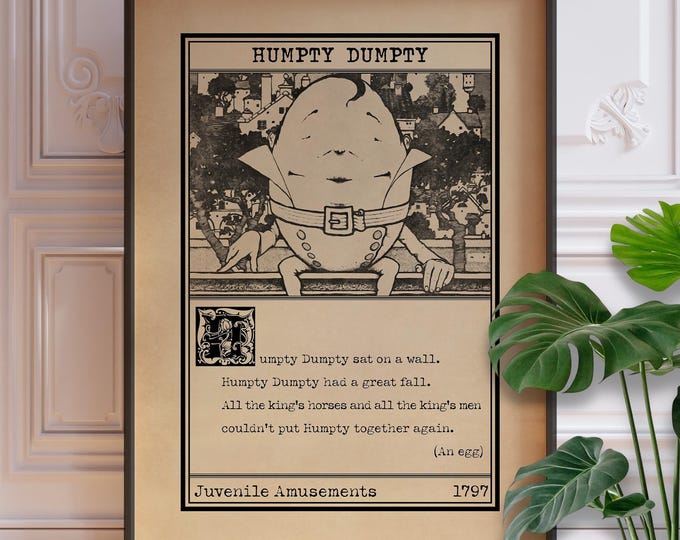 Humpty Dumpty Nursery Rhyme Print, Vintage Nursery Decor, Framed or Unframed Wall Art