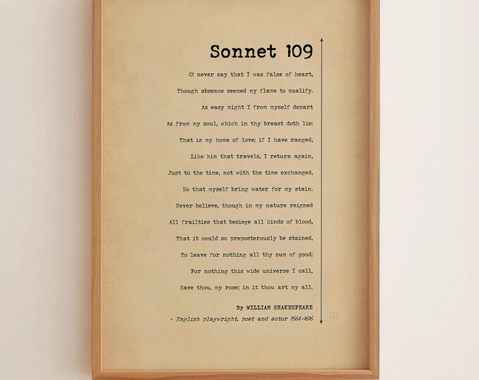 Shakespeare Sonnet 109 Poster Print – Reflective Love Poetry Wall Art, Enduring Relationship Quote, Literary Shakespeare Decor