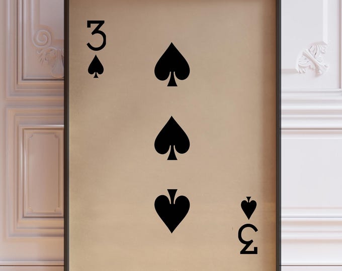 Three Of Spades Poster Print, Vintage Playing Cards Wall Art Print, Black Card Deck Print, Three Wall Decor | PRINTED