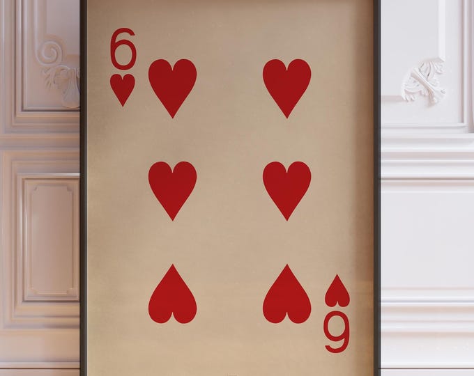 Six Of Hearts Poster Print, Vintage Playing Cards Wall Art Print, Red Card Deck Print, Six Wall Art | PRINTED