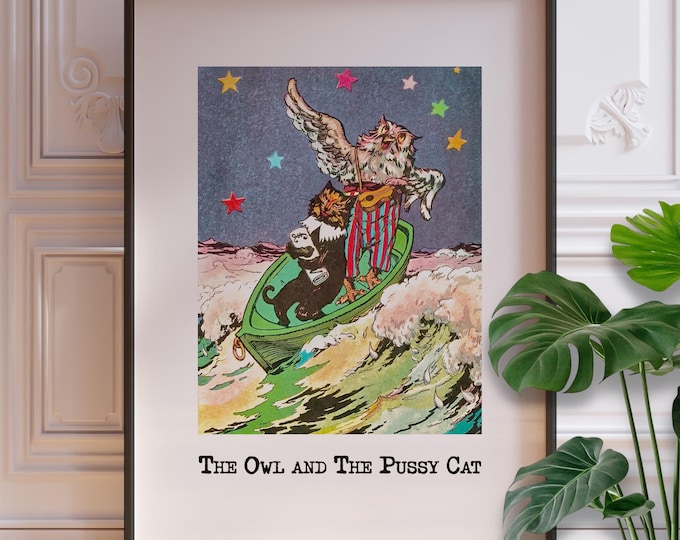 Owl and Pussy Cat Nursery Print - Vintage Children's Illustration, Framed or Unframed Wall Art