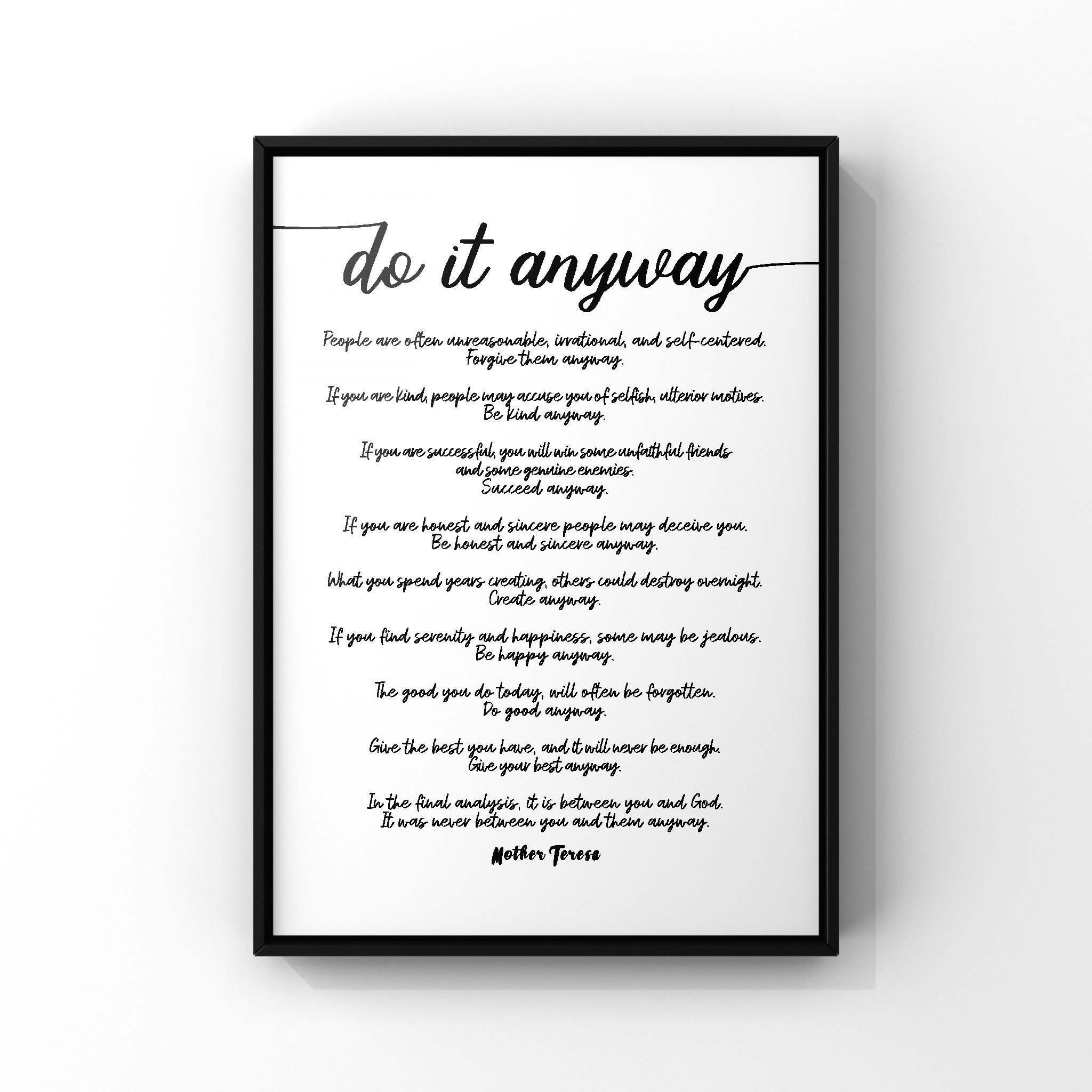 Do It Anyway Script Font Poem Poster Print Credited to Mother Etsy