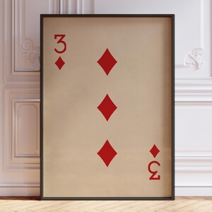 Three of Diamonds posterprint, vintage speelkaarten muurkunst print, rode kaartspel print, nummer drie muur decor | GEDRUKT