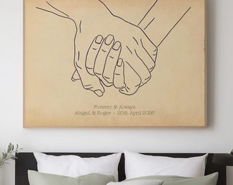 Custom Holding Hands Line Drawing Print – Personalised Hand Illustration Poster, Framed Wedding or Anniversary Gift for Wife or Husband