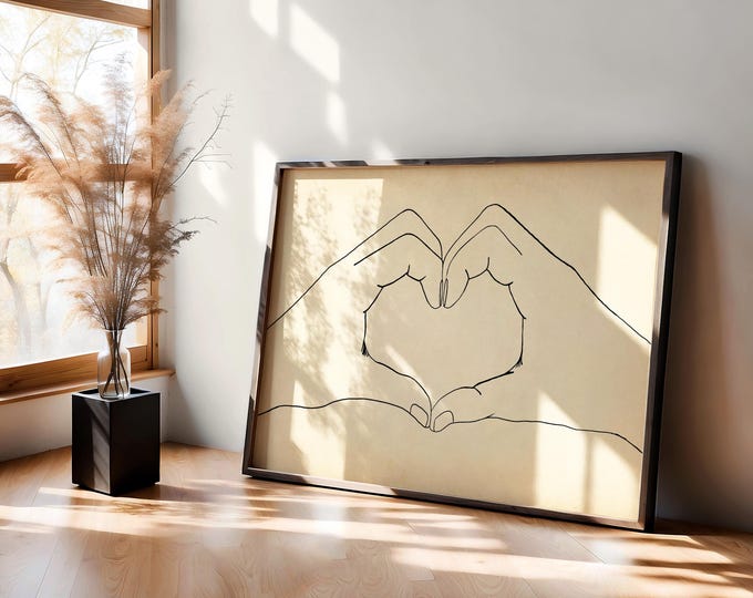 Heart Hands Line Art Print - Minimalist Vintage Love Illustration