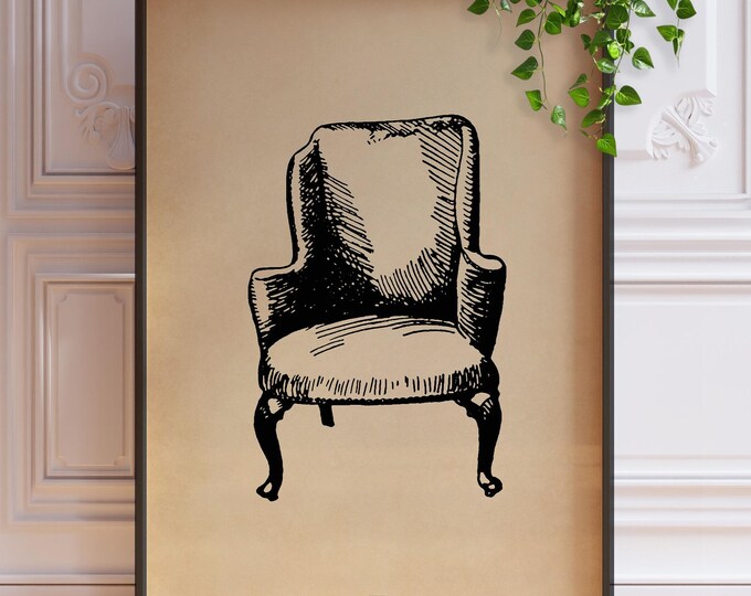 Antique Chair Print - Minimalist Vintage Illustration, Framed or Unframed