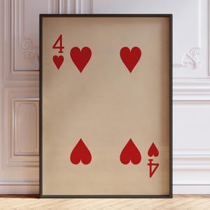 Vier harten posterprint, vintage speelkaarten muurkunst print, rode kaartspel print, vier harten muur decor | GEDRUKT