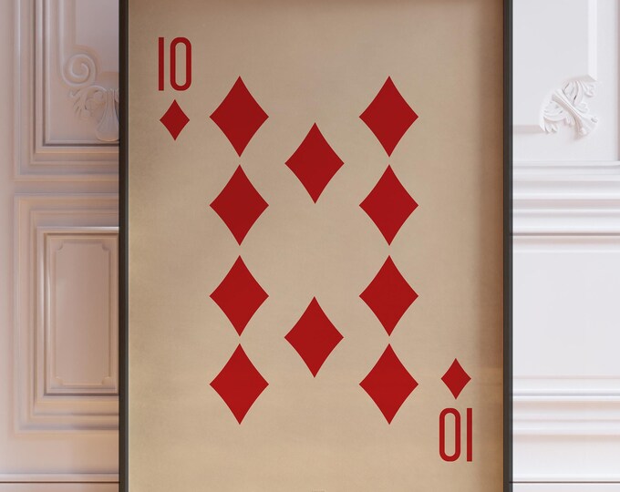 Ten Of Diamonds Poster Print, Vintage Playing Cards Wall Art Print, Red Card Deck Print, Ten Diamonds Wall Decor | PRINTED