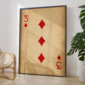 Affiche antique trois diamants rouge, cadeau numéro 3 porte-bonheur, décoration murale rustique de cartes à jouer | OPTIONS DE CADRE IMPRIMÉ