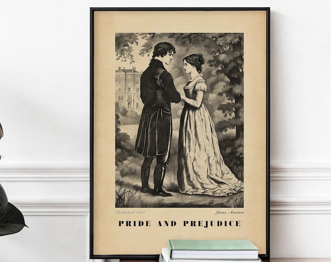 Pride and Prejudice Poster Illustration - Jane Austen Book Cover, Bookish Wall Art, Frame Options