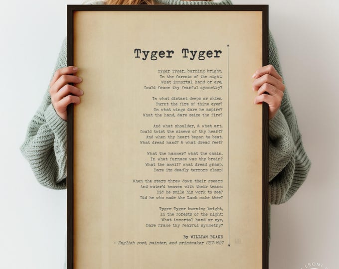 Tyger Tyger William Blake Poem Print Blake Poetry Typewriter Font Vintage 18th Century English Verse | PRINTED Framed Options Available