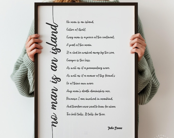 No Man Is An Island Poem Poster - Inspirational Black and White Art (Script)