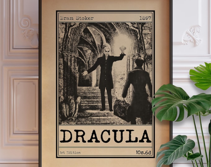 Featured listing image: Dracula Book Cover Art Poster, Bram Stoker Gothic Novel Print, Vintage Literary Wall Art, Vampire Classic Decor, Book Lover Gift