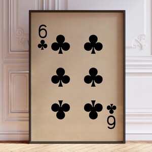 Six Of Clubs posterprint, vintage speelkaarten muurkunst print, zwarte kaartspel print, nummer 6 muurdecoratie | GEDRUKT