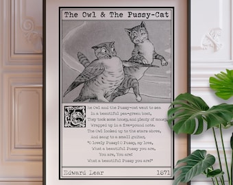 Edward Lear Owl and Pussycat Nursery Rhyme Print - Vintage Wall Art, Framed or Unframed