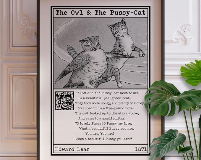Owl and The Pussycat Print - Edward Lear Vintage Nursery Rhyme Art, Nursery Decor, Framed or Unframed