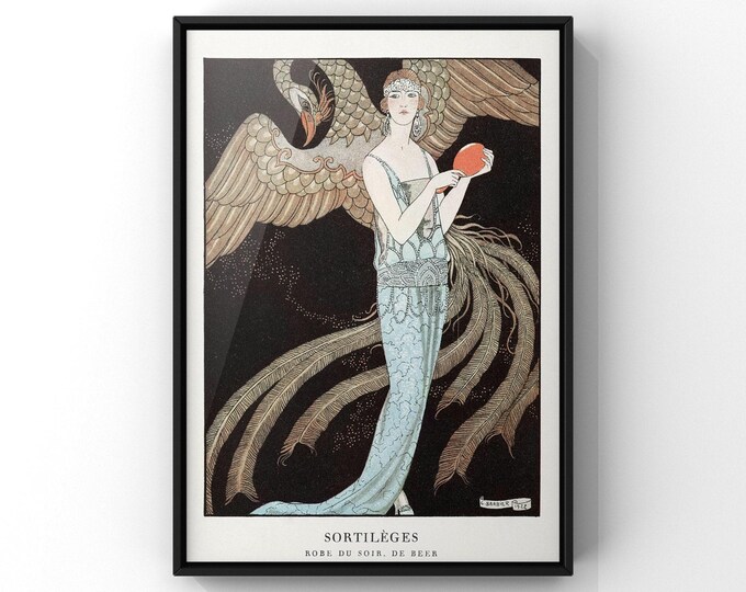 Art Deco Lady Wall Art – French Sortilèges Botanical Evening Print, Vintage Feminine Illustration, Elegant Deco Style Poster, Woman & Flora