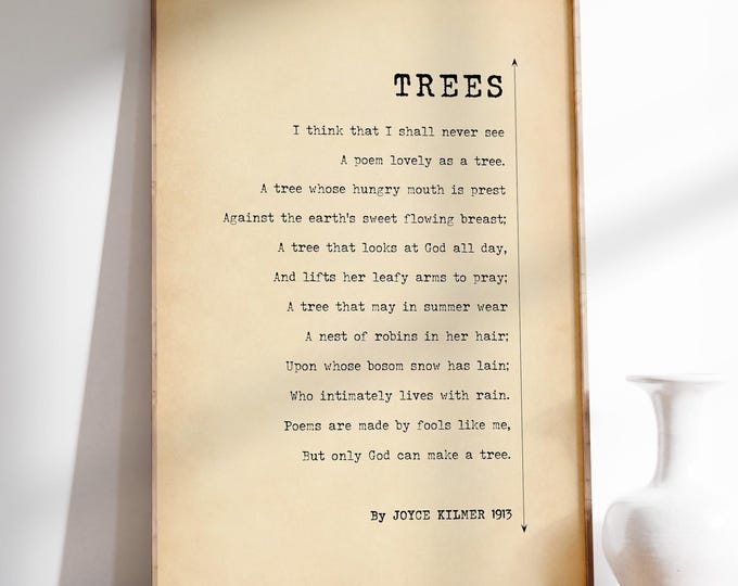 Trees Poem Print - Joyce Kilmer Nature Poetry Wall Art, Framed or Unframed Poster