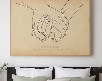 Custom YOUR Hands Line Drawing Print – Personalised Holding Hand Illustration Poster, Framed Wedding or Anniversary Gift for Wife or Husband