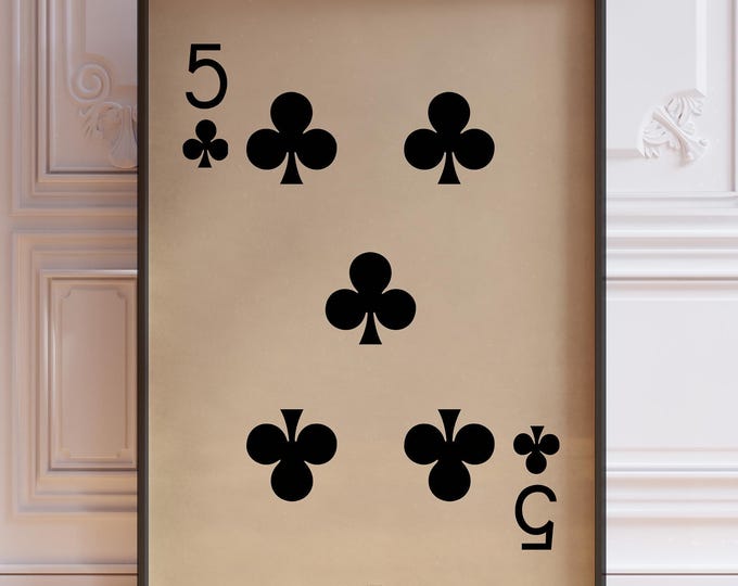 Five Of Clubs Poster Print, Vintage Playing Cards Wall Art Print, Black Card Deck Print, Five Clubs Wall Decor | PRINTED
