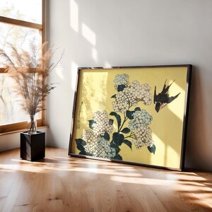 Japandi Yellow Hydrangea and Swallow Wall Art Print | Minimalist Floral Japanese Scandinavian Decor | Botanical Bird Poster | PRINTED