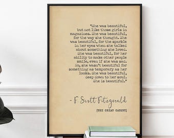 She Was Beautiful Quote - Scott Fitzgerald Wall Art Print, Anniversary Gift, Literary Book Poster