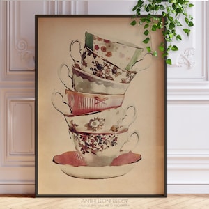 Vintage Stapel von Porzellan Teetassen Aquarell Druck – Klassische Teetasse Wandkunst, Nostalgische Küchen Dekoration, Geschenk für Teetrinker