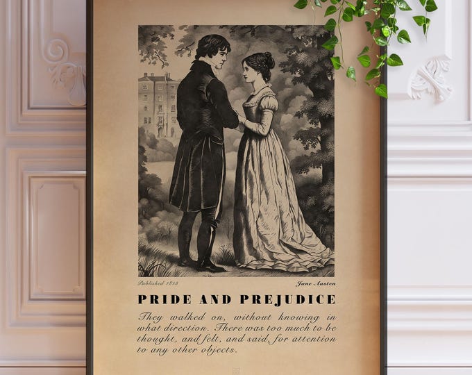 Pride and Prejudice Print - Jane Austen Book Illustration, Romantic Quote Poster