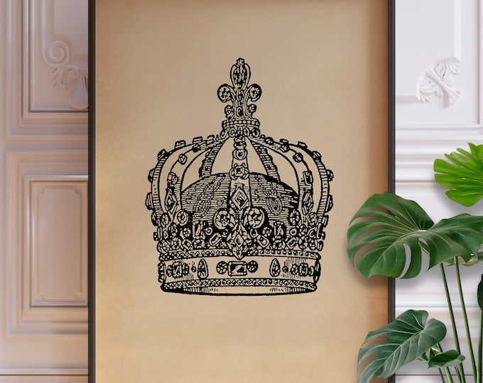 Vintage Crown Line Art Print – Regal Historical Wall Decor, Antique-Style Crown Illustration, Pub Decor, Framed or Unframed