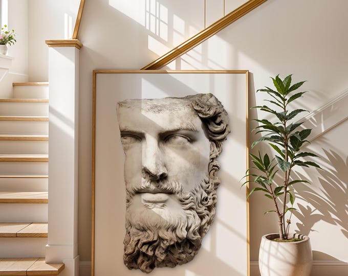Ancient Greek Statue Print - Zeus Apollo Marble Head Sculpture, Printed Framed or Unframed Wall Art