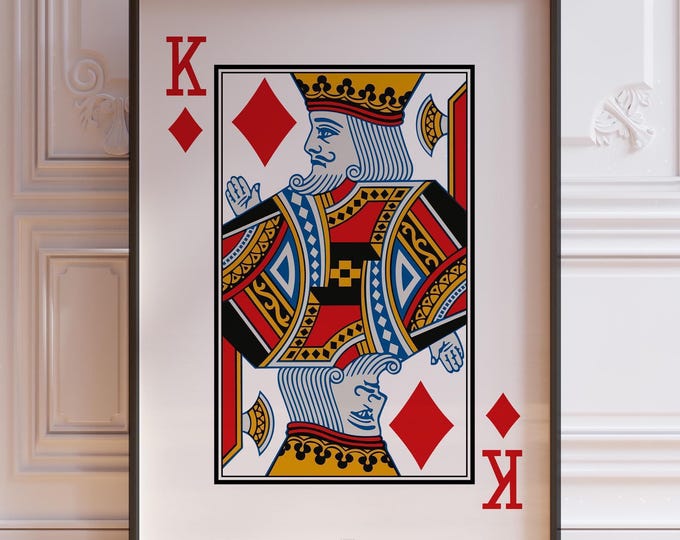 King Of Diamonds Poker Hand Poster Print, White Playing Cards Wall Art Print, Red Card Deck Print, King Wall Decor | PRINTED