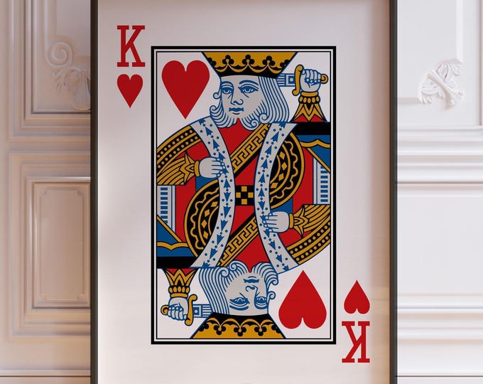 King Of Hearts Playing Cards Wall Art Print, Red Poker Hand Poster Print, Living Room Wall Decor | PRINTED