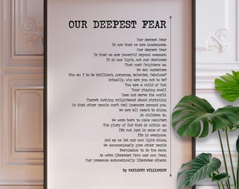 Our Deepest Fear Poem by Marianne Williamson Poster Print | Simple Black and White Poetry Wall Art | Minimalist Poetry | PRINTED
